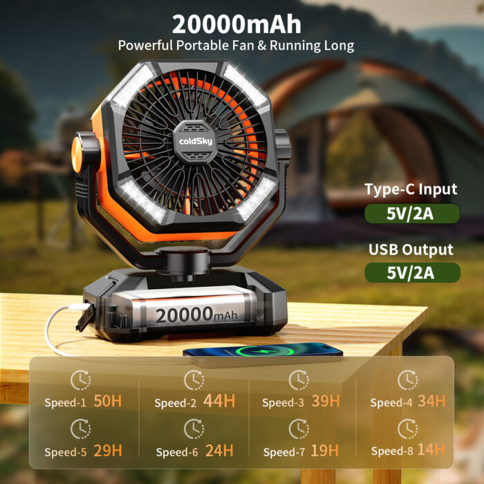 Ventilador Portátil Recargable 20000mAh con Doble Motor y Luz LED – 8 Velocidades, Control Remoto, Gancho para Carpas o Interiores – Ideal para Apagones y Camping - Imagen 2