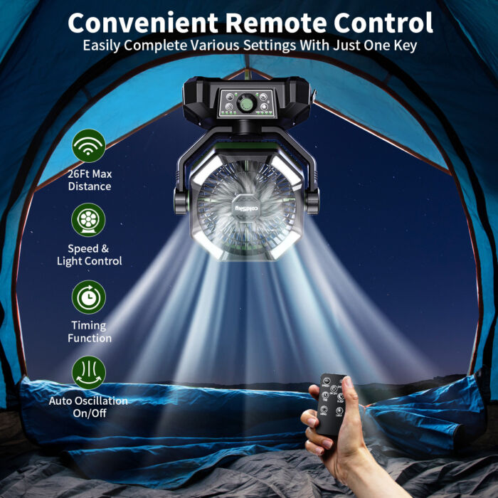 Ventilador Portátil Recargable 20000mAh con Doble Motor y Luz LED – 8 Velocidades, Control Remoto, Gancho para Carpas o Interiores – Ideal para Apagones y Camping - Imagen 5
