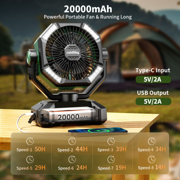 Ventilador Portátil Recargable 20000mAh con Doble Motor y Luz LED – 8 Velocidades, Control Remoto, Gancho para Carpas o Interiores – Ideal para Apagones y Camping