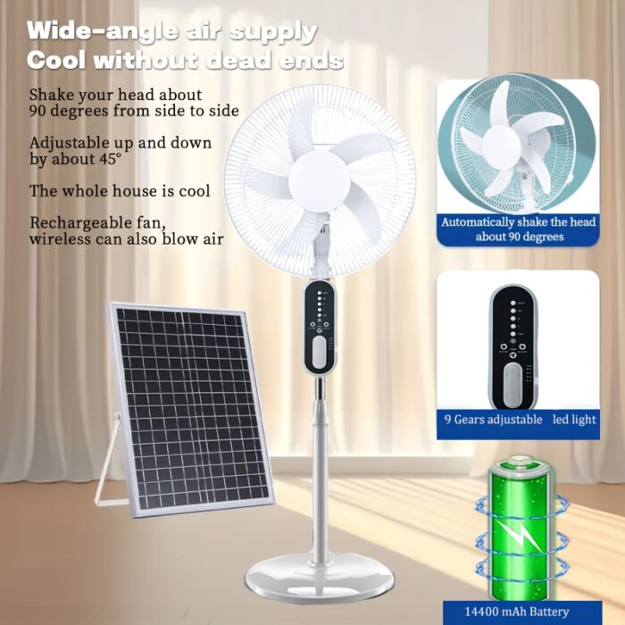Ventilador de Piso Solar 16” con Panel Solar, Batería 14400mAh, Control Remoto y 2 Bombillas – Recargable por Energía Solar o Corriente, Ideal para Apagones y Hogares sin Electricidad - Imagen 2