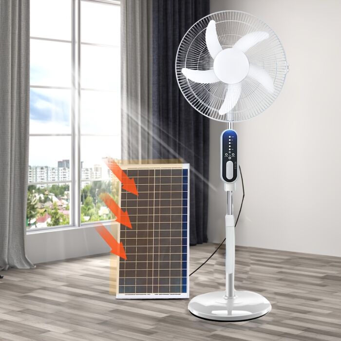 Ventilador de Piso Solar 16” con Panel Solar, Batería 14400mAh, Control Remoto y 2 Bombillas – Recargable por Energía Solar o Corriente, Ideal para Apagones y Hogares sin Electricidad