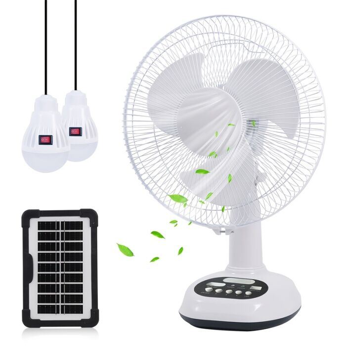 Ventilador Solar Portátil 12” con Panel Solar y 2 Bombillas – Recargable por Batería, Uso AC/DC, Ideal para Apagones, Camping y Hogares sin Electricidad