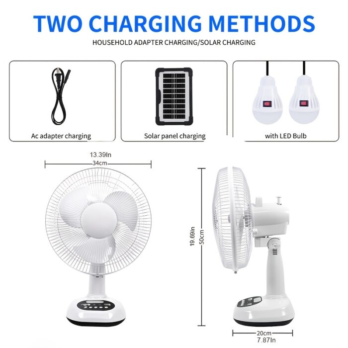Ventilador Solar Portátil 12” con Panel Solar y 2 Bombillas – Recargable por Batería, Uso AC/DC, Ideal para Apagones, Camping y Hogares sin Electricidad - Imagen 2