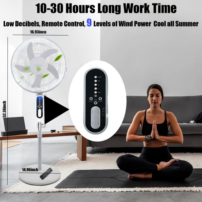 Ventilador de Piso Solar 16” con Panel Solar, Batería 14400mAh, Control Remoto y 2 Bombillas – Recargable por Energía Solar o Corriente, Ideal para Apagones y Hogares sin Electricidad - Imagen 6