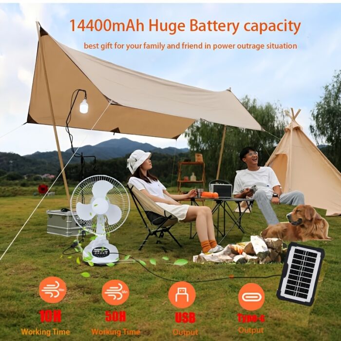 Ventilador Solar Portátil 12” con Panel Solar y 2 Bombillas – Recargable por Batería, Uso AC/DC, Ideal para Apagones, Camping y Hogares sin Electricidad - Imagen 8