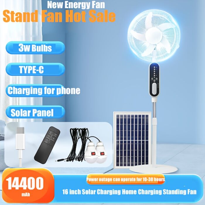 Ventilador de Piso Solar 16” con Panel Solar, Batería 14400mAh, Control Remoto y 2 Bombillas – Recargable por Energía Solar o Corriente, Ideal para Apagones y Hogares sin Electricidad - Imagen 7