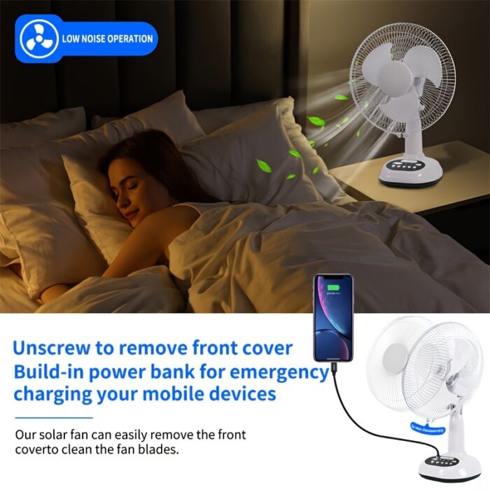 Ventilador Solar Portátil 12” con Panel Solar y 2 Bombillas – Recargable por Batería, Uso AC/DC, Ideal para Apagones, Camping y Hogares sin Electricidad - Imagen 7
