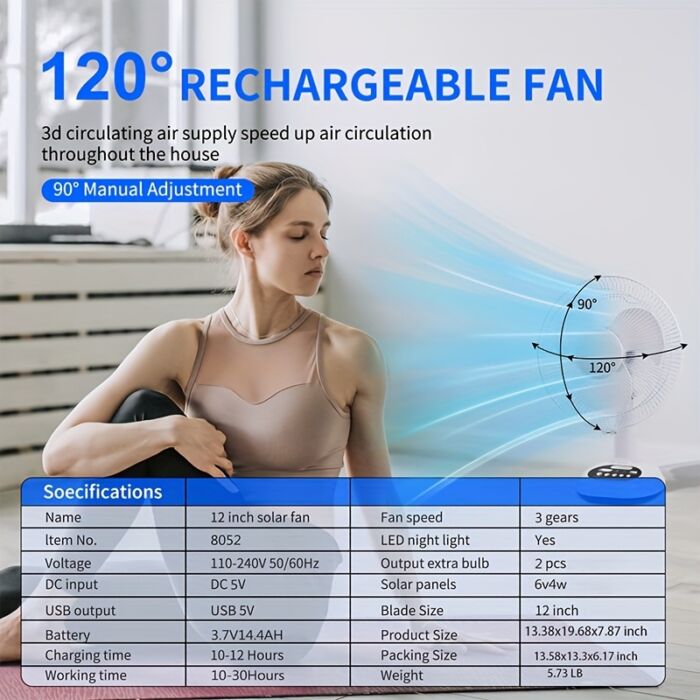 Ventilador Solar Portátil 12” con Panel Solar y 2 Bombillas – Recargable por Batería, Uso AC/DC, Ideal para Apagones, Camping y Hogares sin Electricidad - Imagen 5
