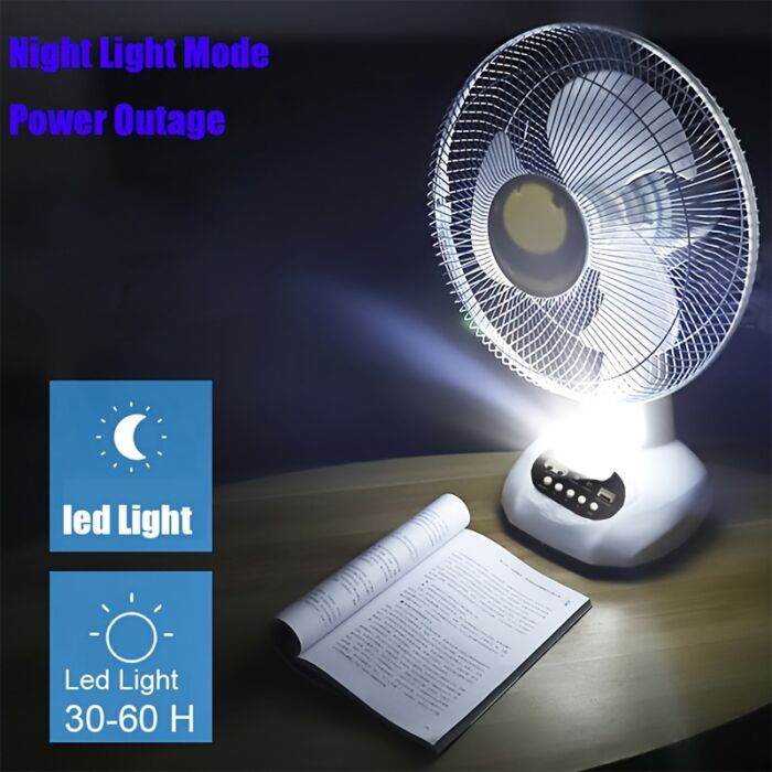 Ventilador Solar Portátil 12” con Panel Solar y 2 Bombillas – Recargable por Batería, Uso AC/DC, Ideal para Apagones, Camping y Hogares sin Electricidad - Imagen 3